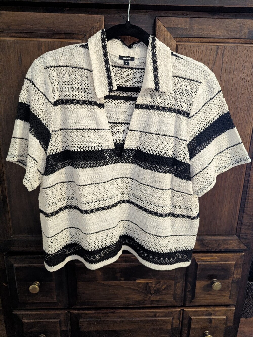Express Open-Knit Short Sleeve Polo in White and Black